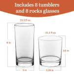 Tumbler and Rocks Glass Set, Elegant Drinkware Glasses Set, Tall Drinking Glasses with Modern Lines, Drinking Glasses Set of 16