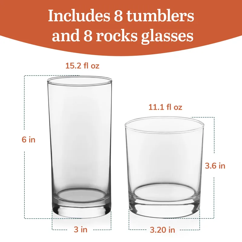 Tumbler and Rocks Glass Set, Elegant Drinkware Glasses Set, Tall Drinking Glasses with Modern Lines, Drinking Glasses Set of 16