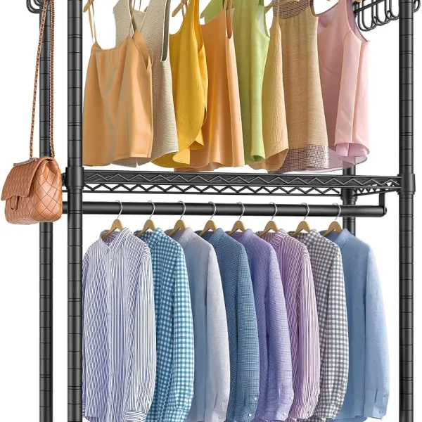Medium Rolling Clothes Rack Heavy Duty Clothing Rack for Hanging Clothes Adjustable Metal Wire Shelving Portable Closet with Wheels Side Hooks, Freestanding Closet Wardrobe, Black