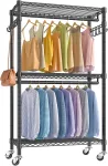 Medium Rolling Clothes Rack Heavy Duty Clothing Rack for Hanging Clothes Adjustable Metal Wire Shelving Portable Closet with Wheels Side Hooks, Freestanding Closet Wardrobe, Black