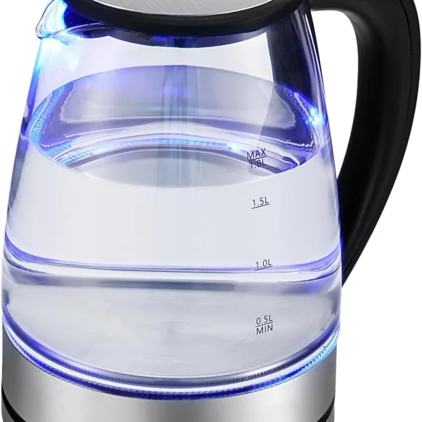 Electric Kettle, 1.8L Glass Kettles with Blue LED, 1200W, Built-In Mesh Filter, Fast Boil, Easy to Clean, Boil-Dry Protection, BPA Free