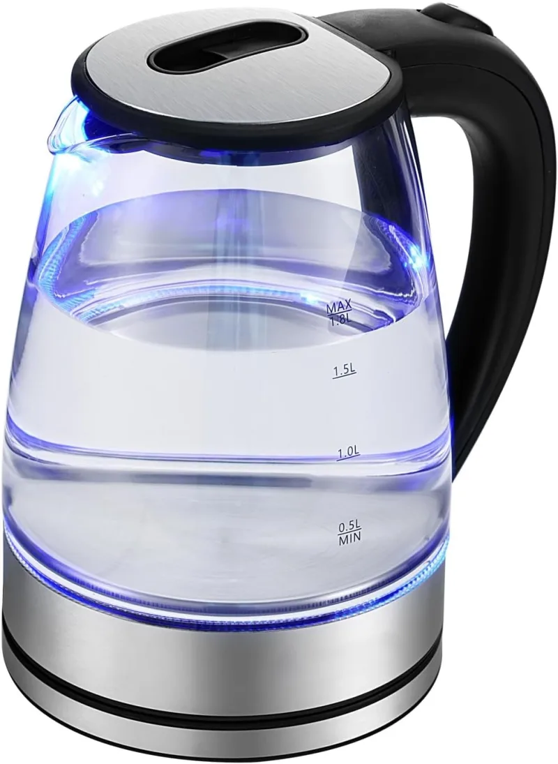 Electric Kettle, 1.8L Glass Kettles with Blue LED, 1200W, Built-In Mesh Filter, Fast Boil, Easy to Clean, Boil-Dry Protection, BPA Free