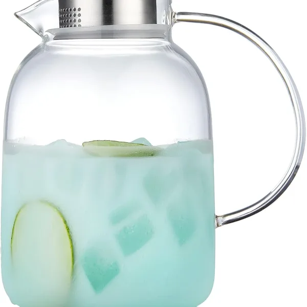 68 fl oz Glass Pitcher with Handle and Lid, Glass Jar with Lid, Heat Resistant Borosilicate Carafe for Tea, Juice, Milk, Cold Hot Beverages