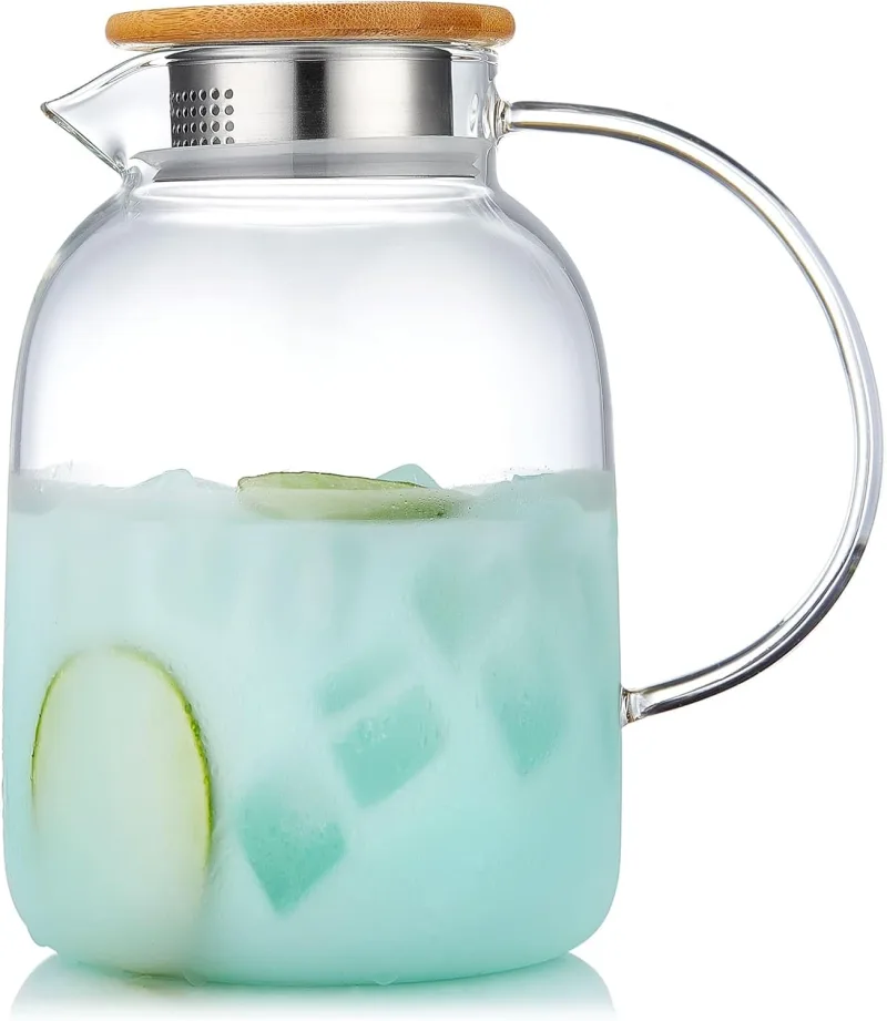 68 fl oz Glass Pitcher with Handle and Lid, Glass Jar with Lid, Heat Resistant Borosilicate Carafe for Tea, Juice, Milk, Cold Hot Beverages