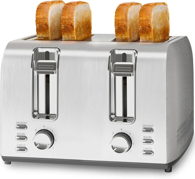 Stainless Steel 4 Slice Toaster, Extra-Wide Slot Toaster with 7 Shade Settings and 3 Mode, Defrost, Bagel, Cancel Functions, Easy to Operate and Clean