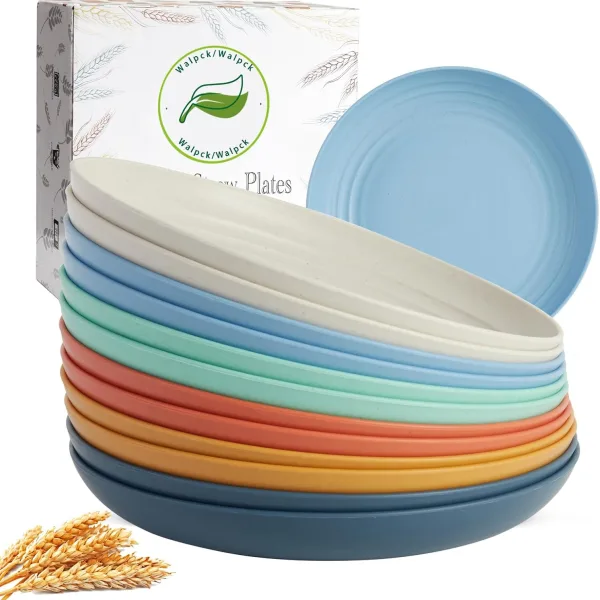 GGUW 9 Inch Unbreakable Dinner Plates, Dishwasher and Microwave Safe Plastic Plates Reusable, Lightweight Wheat Straw Plates for kitchen, 12PCS