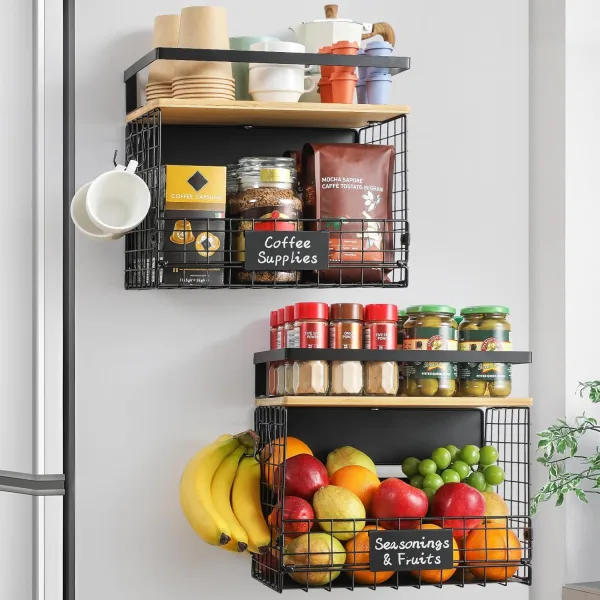 GGUW 2 SET Strong Magnetic Shelf for Fridge with Tag and Bamboo Top, Large Capacity Magnetic Spice Rack Shelves for Side of Refrigerator, Kitchen Pantry Storage Organizer