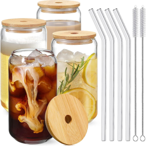 GGUW Drinking Glasses with Bamboo Lids and Glass Straw 4pcs Set - 16oz Can Shaped Glass Cups, Ideal for Cocktail, Whiskey, Gift - 2 Cleaning Brushes