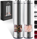 GGUW Electric Salt and Pepper Grinder Set - Automatic One Handed Operation - Battery Operated Stainless Steel Mill with Light (2 Mills)