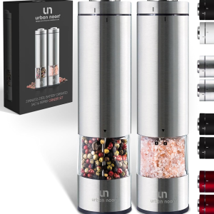 GGUW Electric Salt and Pepper Grinder Set - Automatic One Handed Operation - Battery Operated Stainless Steel Mill with Light (2 Mills)