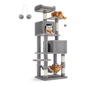 GGUW Cat Tree, 61-Inch Cat Tower for Indoor Cats, Plush Multi-Level Cat Condo with 5 Scratching Posts, 2 Perches, 2 Caves, Hammock, 2 Pompoms, Light Gray