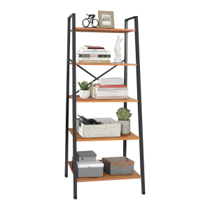 GGUWLadder Shelf, 5 Tier Ladder Bookshelf with Adjustable Feet, Industrial Style Freestanding Steel Plant Display Shelf, Storage Rack , Brown