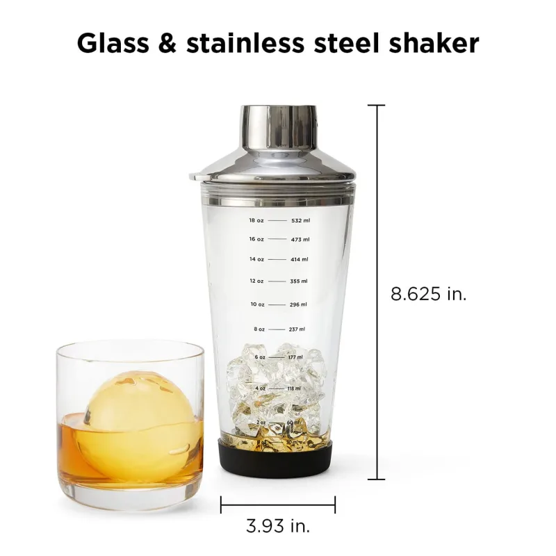 18 oz Glass Cocktail Shaker with Printed Measurements, Multi-Use Stainless Steel Topper with 1.5 oz Jigger Cap and Strainer, 3.94 x 3.54 x 9.06 IN