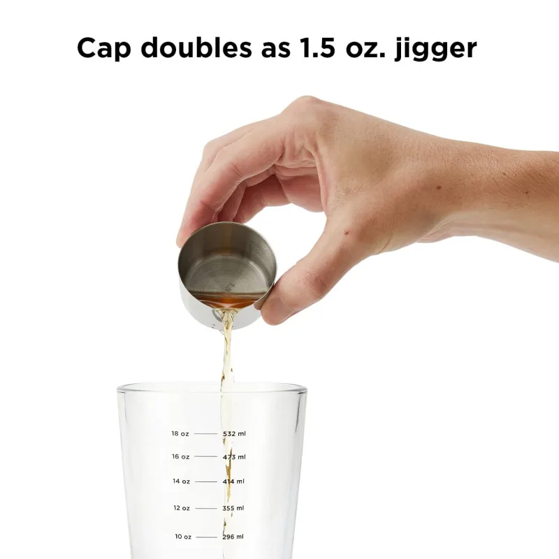 18 oz Glass Cocktail Shaker with Printed Measurements, Multi-Use Stainless Steel Topper with 1.5 oz Jigger Cap and Strainer, 3.94 x 3.54 x 9.06 IN