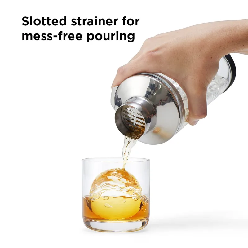 18 oz Glass Cocktail Shaker with Printed Measurements, Multi-Use Stainless Steel Topper with 1.5 oz Jigger Cap and Strainer, 3.94 x 3.54 x 9.06 IN