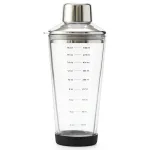 18 oz Glass Cocktail Shaker with Printed Measurements, Multi-Use Stainless Steel Topper with 1.5 oz Jigger Cap and Strainer, 3.94 x 3.54 x 9.06 IN