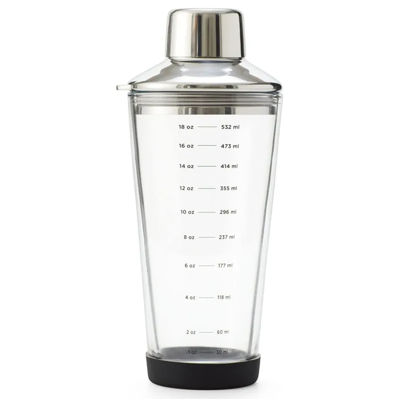 18 oz Glass Cocktail Shaker with Printed Measurements, Multi-Use Stainless Steel Topper with 1.5 oz Jigger Cap and Strainer, 3.94 x 3.54 x 9.06 IN
