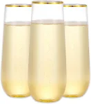 12 Pack Plastic Champagne Flutes, 9 oz Stemless Disposable Gold Rim Toasting Glasses, Crystal Clear Cocktail Cups Drinkware Shatterproof Ideal for Party Wedding Birthday