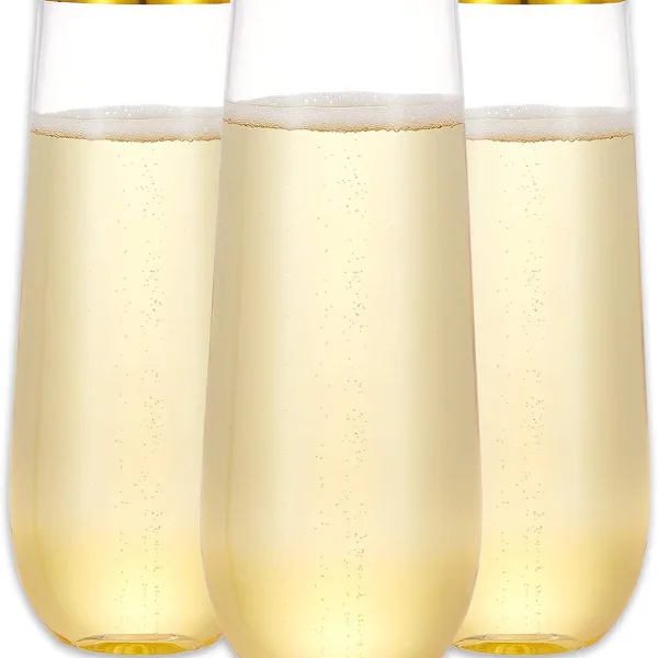 12 Pack Plastic Champagne Flutes, 9 oz Stemless Disposable Gold Rim Toasting Glasses, Crystal Clear Cocktail Cups Drinkware Shatterproof Ideal for Party Wedding Birthday