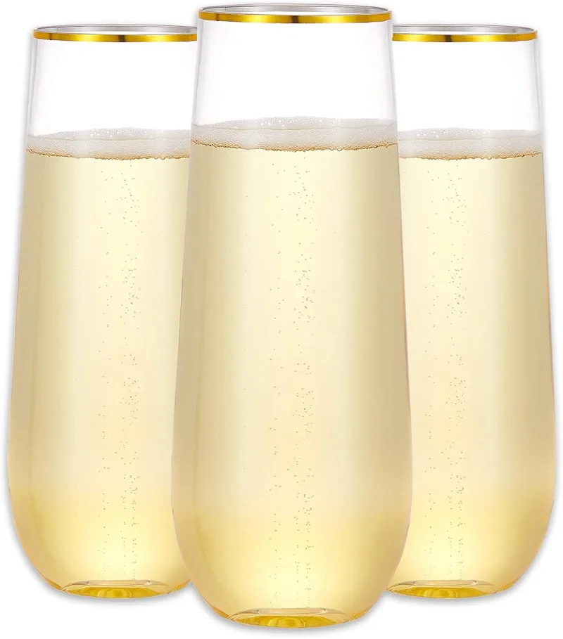 12 Pack Plastic Champagne Flutes, 9 oz Stemless Disposable Gold Rim Toasting Glasses, Crystal Clear Cocktail Cups Drinkware Shatterproof Ideal for Party Wedding Birthday