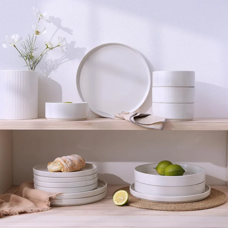 Plates and Bowls Set, 12 Pieces Dinnerware Sets, Dishes Set for 4, White