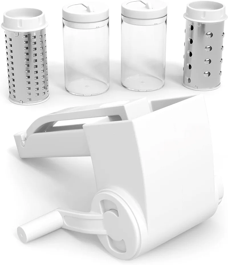 Restaurant-Grade Italian Cuisine Rotary Cheese Grater with Handle - Perfect Heavy-Duty Parmesan Cheese Grater - Effortlessly Shred and Shave Cheese with 2 Easy to clean Stainless Steel Drum Blades