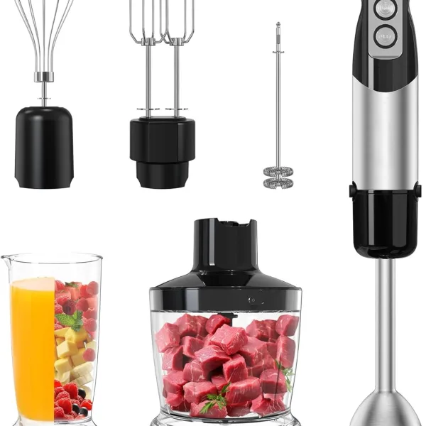 1000W 6-in-1 Immersion Blender Handheld, 12 Speed Hand Blender with 600ml Mixing Beaker, 500ml Chopper, 304 Stainless Steel Blades, Whisk, Milk Frother For Soup, Smoothie, Sauce, Pureel