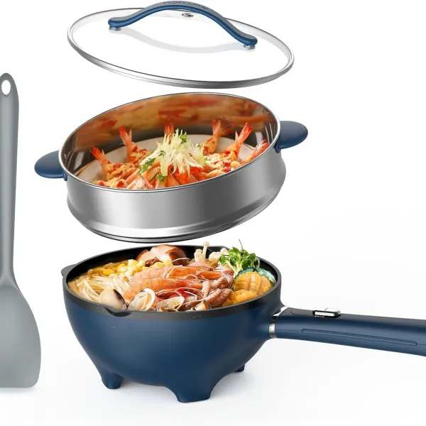 Non-Stick Electric Hot Pot 3-Quart with Steamer, Multi-Cooker, Electric Stir Fry Pan, Wok, 1200W for Sizzling Ramen, Soup, Stir-Fry, Dorm, Home, Gifts (Includes Silicone Spatula)