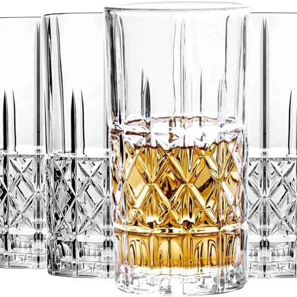 Glasses Set of 6, 14 Ounce Cups, Textured Designer Glassware for Drinking Water, Beer, or Soda, Trendy and Elegant Dishware, Dishwasher Safe