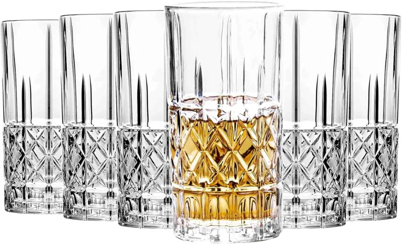 Glasses Set of 6, 14 Ounce Cups, Textured Designer Glassware for Drinking Water, Beer, or Soda, Trendy and Elegant Dishware, Dishwasher Safe
