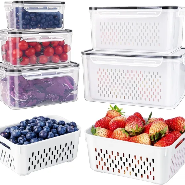 Large Fruit Containers for Fridge, Leakproof Food Storage Containers with Removable Colander, Dishwasher Safe Produce Containers Keep Fruits, Vegetables, Berry, Meat Fresh longer