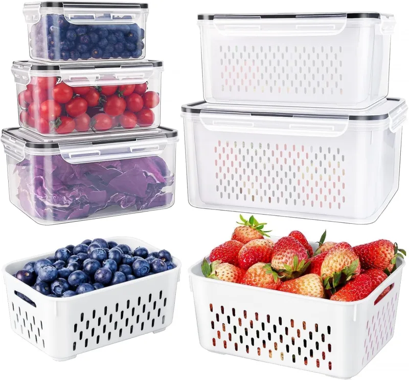 Large Fruit Containers for Fridge, Leakproof Food Storage Containers with Removable Colander, Dishwasher Safe Produce Containers Keep Fruits, Vegetables, Berry, Meat Fresh longer