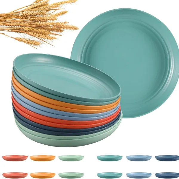 12 Pcs Unbreakable Deep Dinner Plates Set, 10 inch Wheat Straw Plates, Reusable Plastic Plates, Microwave and Dishwasher Safe Plates for Kitchen, Lightweight Plates for Dessert, BPA Free, 6 Colors