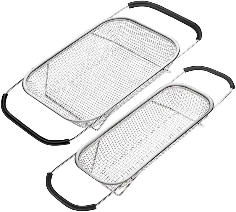 Stainless steel drain basket 6 Quart Strainer Basket, Expandable Rubber Grip Handles, Strain, Drain, Rinse Fruits, Wash vegetables
