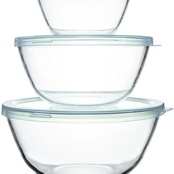 Glass Mixing Bowl with Lids Set(4.5QT,2.7QT,1.1QT), 3PC Large Glass Mixing Bowls Set, Glass Nesting Bowls, Clear Salad Mixing Bowl for Kitchen, Storage, Cooking, Baking, Prepping,Dishwasher Safe