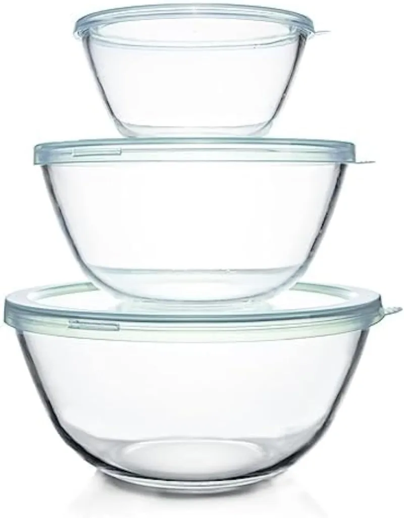 Glass Mixing Bowl with Lids Set(4.5QT,2.7QT,1.1QT), 3PC Large Glass Mixing Bowls Set, Glass Nesting Bowls, Clear Salad Mixing Bowl for Kitchen, Storage, Cooking, Baking, Prepping,Dishwasher Safe