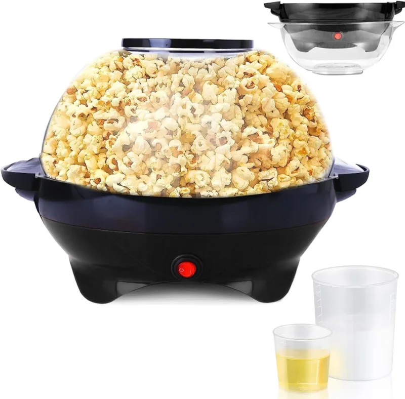 6 Quart Popcorn Machine, Stir Crazy Popcorn Popper Machine, Electric Hot Oil Popcorn Maker Machine, with Nonstick Plate & Stirring Rod, Large Lid for Serving Bowl