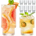 Ribbed Glassware Set of 8,Glass Cups 12 oz and 7 oz,Fluted Glassware,Ribbed Drinking Glasses,Stackable Glasses,Ripple Glassware