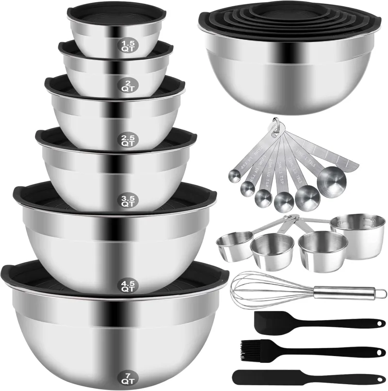Mixing Bowls Set, 27PCS Stainless Steel Mixing Bowl with Lid Set, Large Nesting Bowls 7, 4.5, 3, 2.5, 2, 1.5QT, Measuring Cups and Spoons