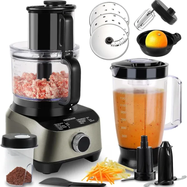 14 Cup Blender and Food Processor Combo for kitchen, Large Food Processor for Vegetable Chopper, Blender, Meat Grinder, Mixing, Mincing, Slicing, Shredding, Purees, Dough