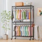 Heavy Duty Clothes Rack with Wheels, Adjustable Garment Rack, Freestanding Metal Closet Organizer with Double Rod and Side Hooks